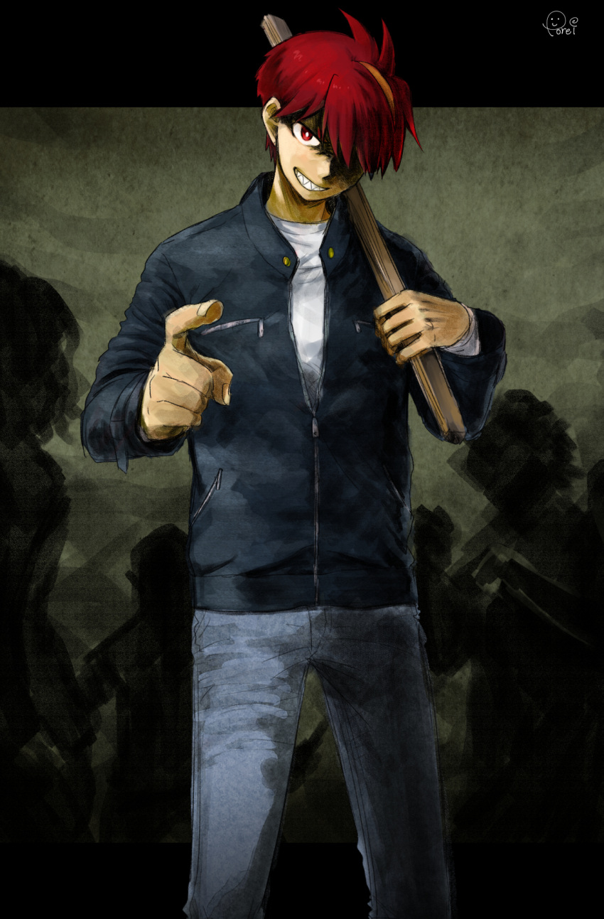 hair_over_one_eye, highres, holding, holding_stick, jacket, multicolored_hair, nogi_shuichi, official_art