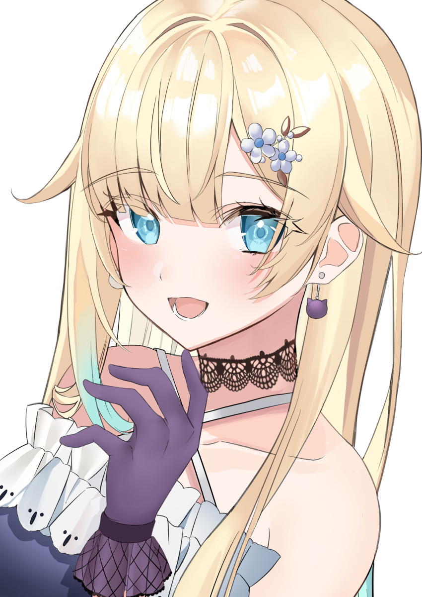 1girl, absurdres, aizawa_ema, aizawa_ema_(1st_costume), bare_shoulders, black_choker, blonde_hair, blue_dress