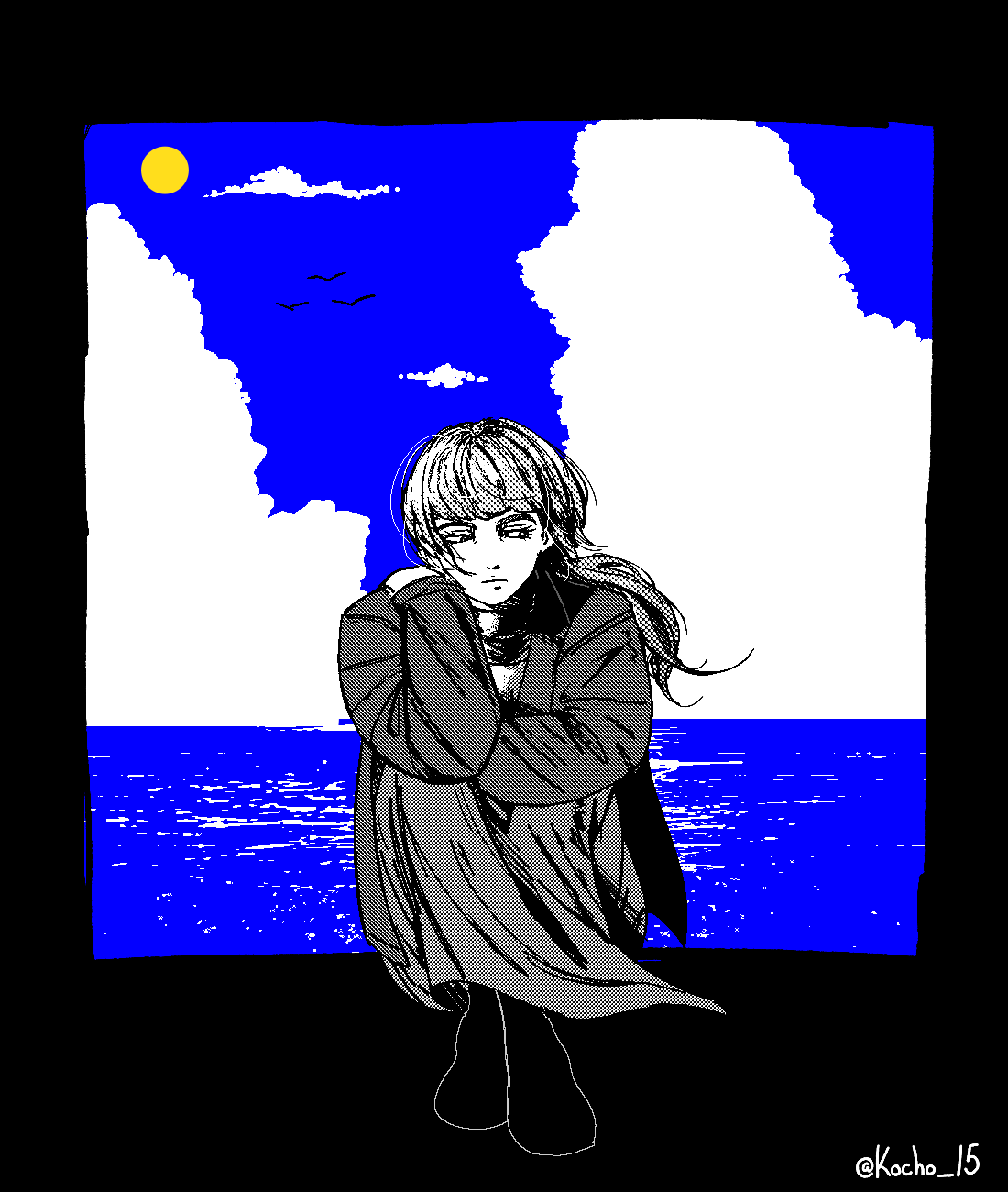 1girl, averting_eyes, black_border, blue_sky, border, closed_mouth, clouds, cloudy_sky