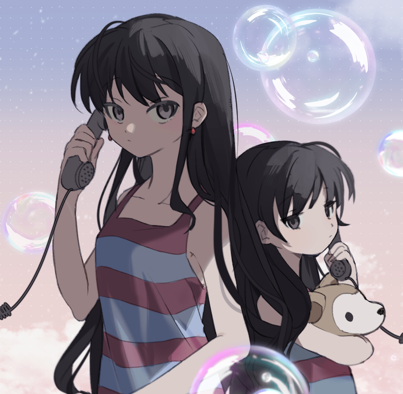 2girls, age_comparison, bare_arms, bare_shoulders, black_hair, bubble, camisole, cat, closed_mouth, collarbone, commentary_request, dual_persona, earrings, expressionless, hand_up, holding, holding_phone, hrdrifter, jewelry, long_hair, looking_at_viewer, looking_to_the_side, multiple_girls, phone, red_camisole, shimako_(yume_2kki), striped_camisole, white_cat, yume_2kki