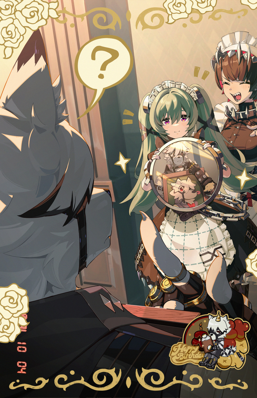1boy, 2girls, ?, absurdres, animal_ears, apron, black_dress, black_gloves