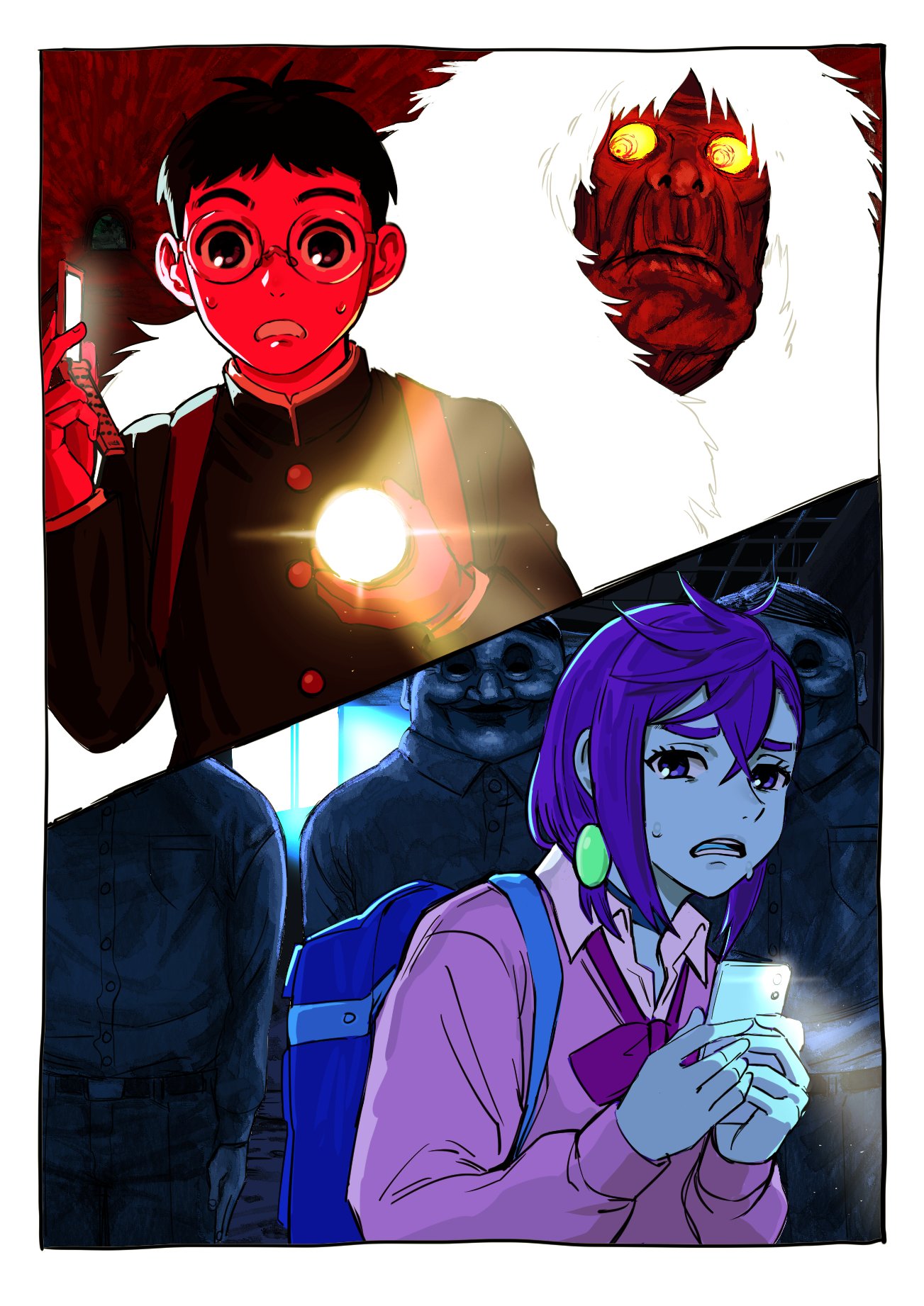1boy, 1girl, alien, ayase_momo, backpack, bag, black_choker, black_hair