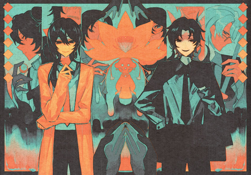 1girl, 6+boys, bai_ling_(touqi_guaitan), bandage_over_one_eye, chinese_commentary, closed_mouth, coat, collared_shirt, commentary_request, curtained_hair, flower, freckles, gloves, hair_between_eyes, hair_ribbon, hand_on_own_hip, highres, huai_yunqing, jacket, jacket_on_shoulders, jiubadianshiajiedianhua, li_yuting_(female), limited_palette, liu_qingcheng, long_sleeves, lotus, mo_chengwei, multiple_boys, necktie, open_clothes, open_coat, open_mouth, pants, parted_bangs, ribbon, shirt, short_hair, smile, touqi_guaitan, wu_song_(male)_(touqi_guaitan), zhu_yaoxing, ziche_fuzhao