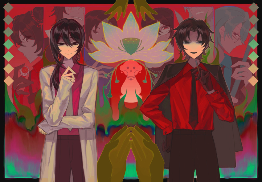 1girl, 6+boys, bai_ling_(touqi_guaitan), bandage_over_one_eye, black_gloves, black_hair, black_jacket, black_necktie, black_pants, blue_hair, blue_shirt, chinese_commentary, closed_mouth, coat, collared_shirt, commentary_request, curtained_hair, flower, freckles, gloves, grey_necktie, hair_between_eyes, hair_ribbon, hand_on_own_hip, highres, huai_yunqing, jacket, jacket_on_shoulders, jiubadianshiajiedianhua, li_yuting_(female), liu_qingcheng, long_sleeves, lotus, mo_chengwei, multiple_boys, necktie, open_clothes, open_coat, open_mouth, pants, parted_bangs, pink_shirt, red_jacket, red_ribbon, red_shirt, ribbon, shirt, short_hair, smile, touqi_guaitan, white_coat, wu_song_(male)_(touqi_guaitan), zhu_yaoxing, ziche_fuzhao