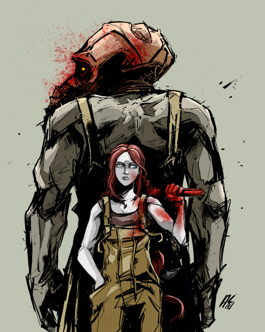 1girl, abella_(fear_&amp;_hunger), back-to-back, bare_arms, bare_shoulders, blood, blood_on_clothes, blood_on_face, blood_on_hands, brown_tank_top, chaugnar_(fear_&amp;_hunger), commentary, dual_persona, fear_&amp;_hunger, fear_&amp;_hunger_2:_termina, green_background, hand_in_pocket, highres, holding, holding_wrench, letho-arts, long_hair, low-tied_long_hair, monster, over_shoulder, redhead, size_difference, tank_top, weapon, weapon_over_shoulder, wrench, yellow_overalls