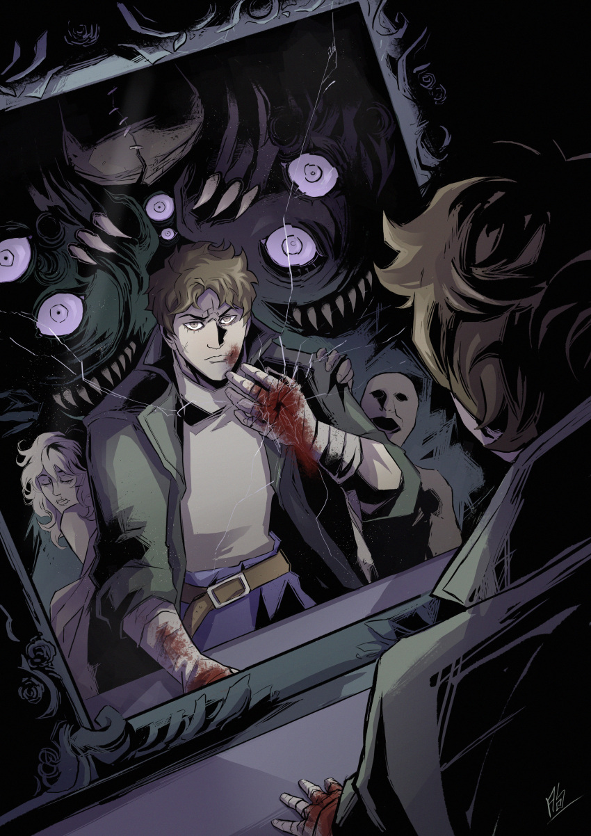 1boy, absurdres, bandaged_wrist, bandages, behind_another, belt, blood, blood_on_face
