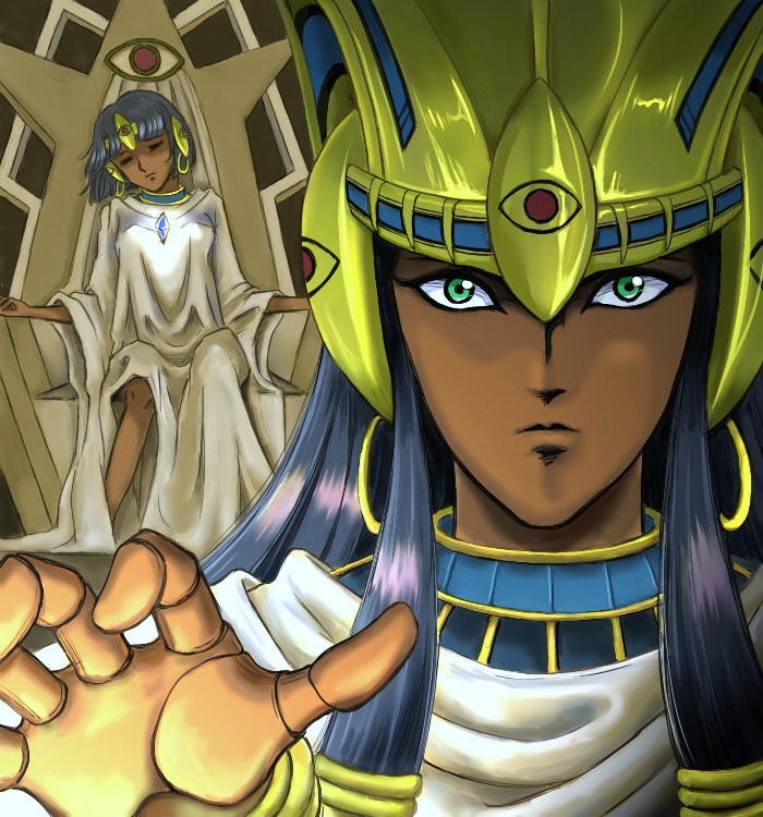 bob_cut, closed_eyes, crown, dark_skin, dress, earrings, emperor_neo, eyes_closed, eyes_clsoed, fushigi_no_umi_no_nadia, green_eyes, head_tilt, jewelry, nadia, necklace, neko_mama, neo_(nadia), robot_joints, short_hair, sitting, sleeping, throne