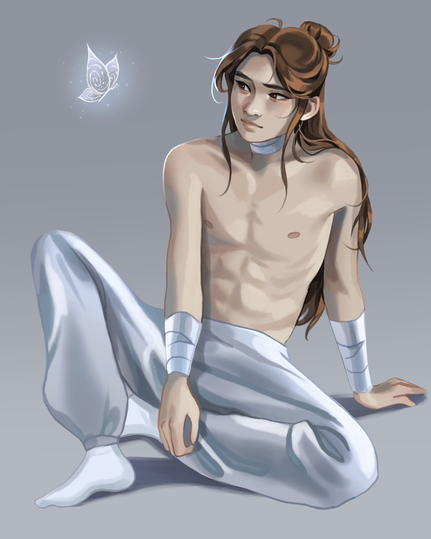 1boy, abs, animal, bandaged_arm, bandaged_neck, bandages, bishounen, black_eyes, brown_hair, bug, butterfly, closed_mouth, commentary, english_commentary, glowing_butterfly, grey_background, hair_bun, highres, leaning_back, long_hair, looking_at_animal, loose_pants, male_focus, pants, parted_bangs, simple_background, single_hair_bun, smile, socks, solo, tadpole_art, tianguan_cifu, toned, toned_male, topless_male, white_butterfly, white_pants, white_socks, xie_lian