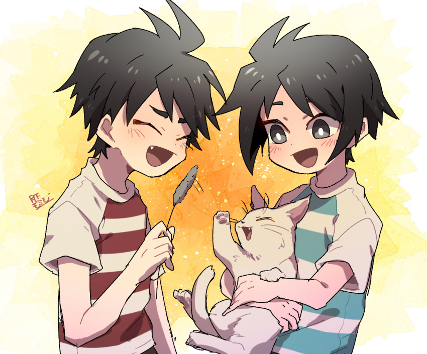 2boys, aged_down, brothers, cat, cattail, child, multiple_boys, nogi_eiji