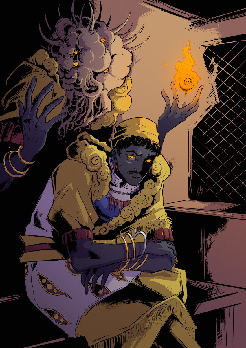 2boys, absurdres, african_clothes, bangle, behind_another, black_hair, bracelet, crossed_arms