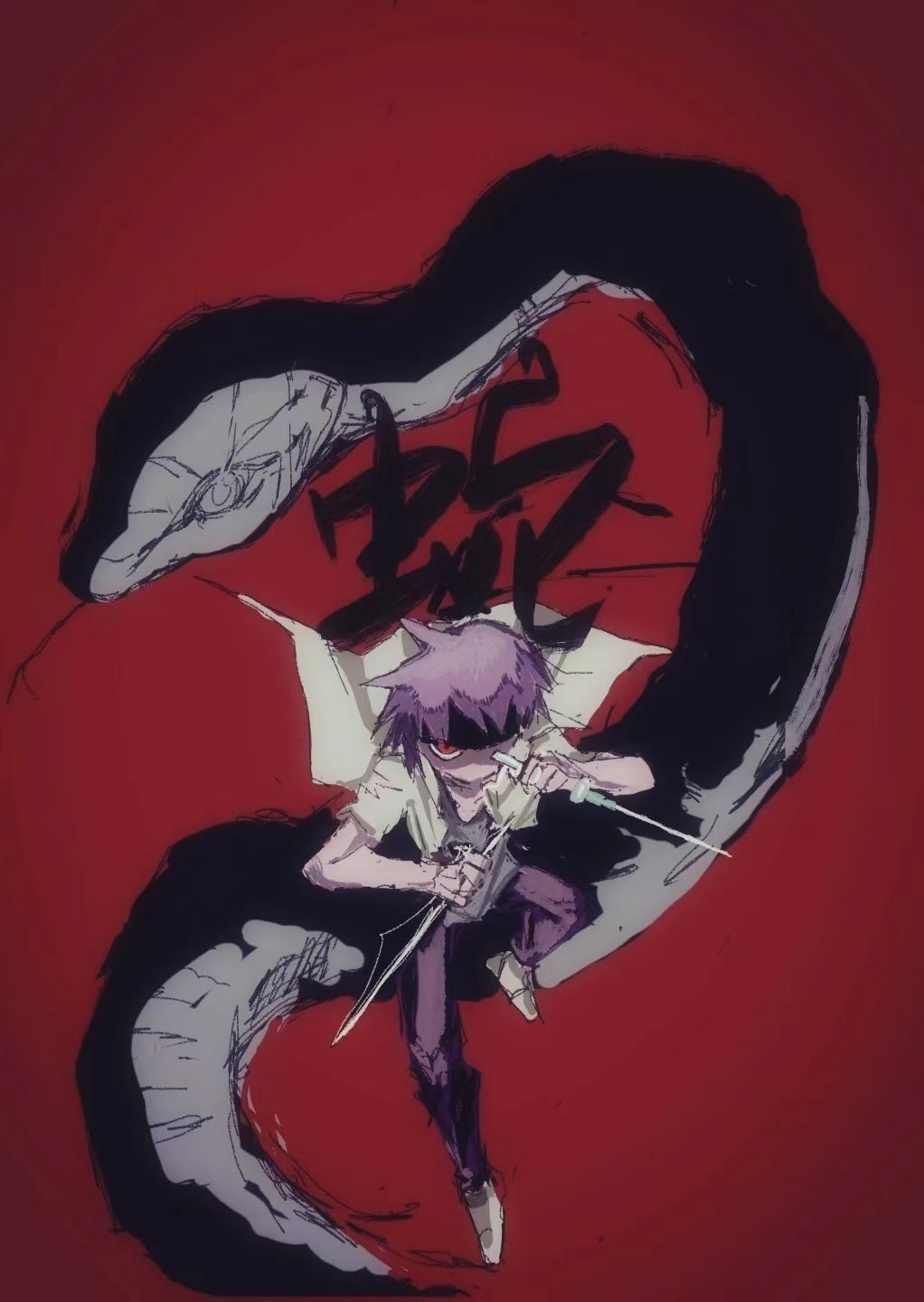 1other, androgynous, animal, black_headband, brown_footwear, brown_hair, commentary, dagger, dual_wielding, fighting_stance, floating_clothes, full_body, green_jacket, grey_shirt, headband, highres, holding, holding_dagger, holding_knife, holding_weapon, jacket, knife, kurohebi, len'en, open_clothes, open_jacket, other_focus, oversized_animal, pants, red_background, red_eyes, red_pants, shirt, shoes, short_hair, short_sleeves, snake, sneakers, soccerobsidian, solo, weapon
