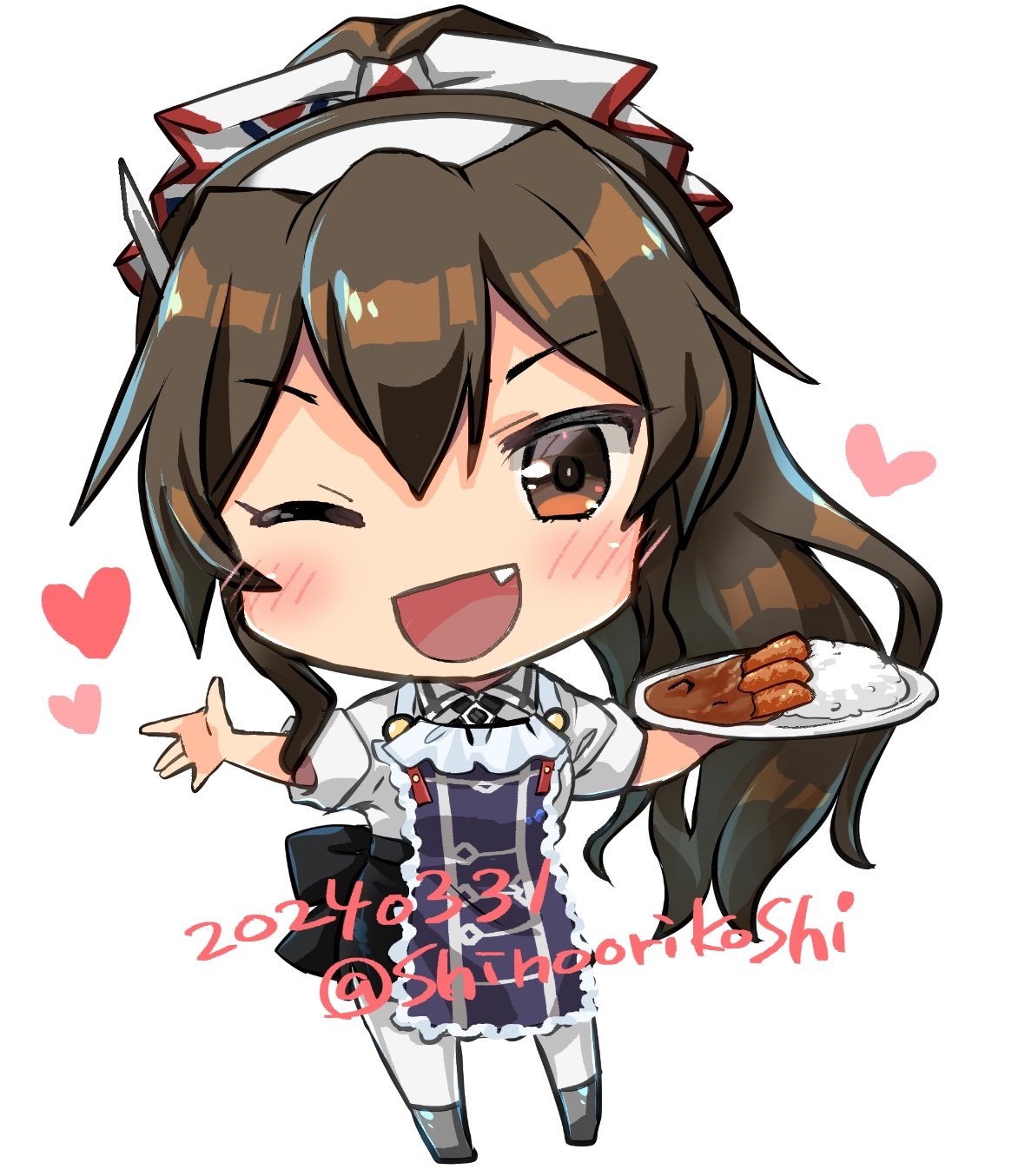 1girl, apron, ashigara_(kancolle), ashigara_kai_ni_(ichibankuji)_(kancolle), ashigara_kai_ni_(kancolle), brown_eyes, brown_hair, chibi, collared_shirt, dated, dress_shirt, fang, frilled_apron, frills, hairband, heart, highres, kantai_collection, katsu_(food), katsu_curry, long_hair, looking_at_viewer, neckerchief, one_eye_closed, orikoshi_shino, pantyhose, ponytail, print_neckerchief, purple_apron, shirt, sleeves_rolled_up, smile, solo, twitter_username, wavy_hair, white_background, white_hairband, white_pantyhose, white_shirt