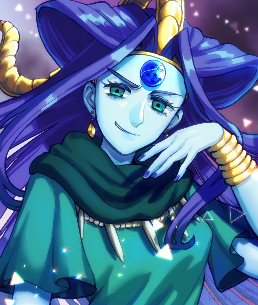 1girl, blue_dress, blue_eyes, blue_hair, blue_scarf, blue_skin, bracelet, breasts
