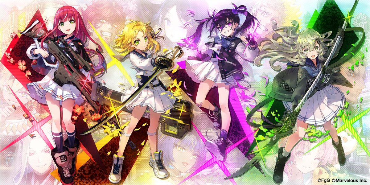 azami_(sakura_ignoramus), blonde_hair, commentary_request, floating_hair, goemon_(shinobi_nightmare), green_eyes, green_hair, gun