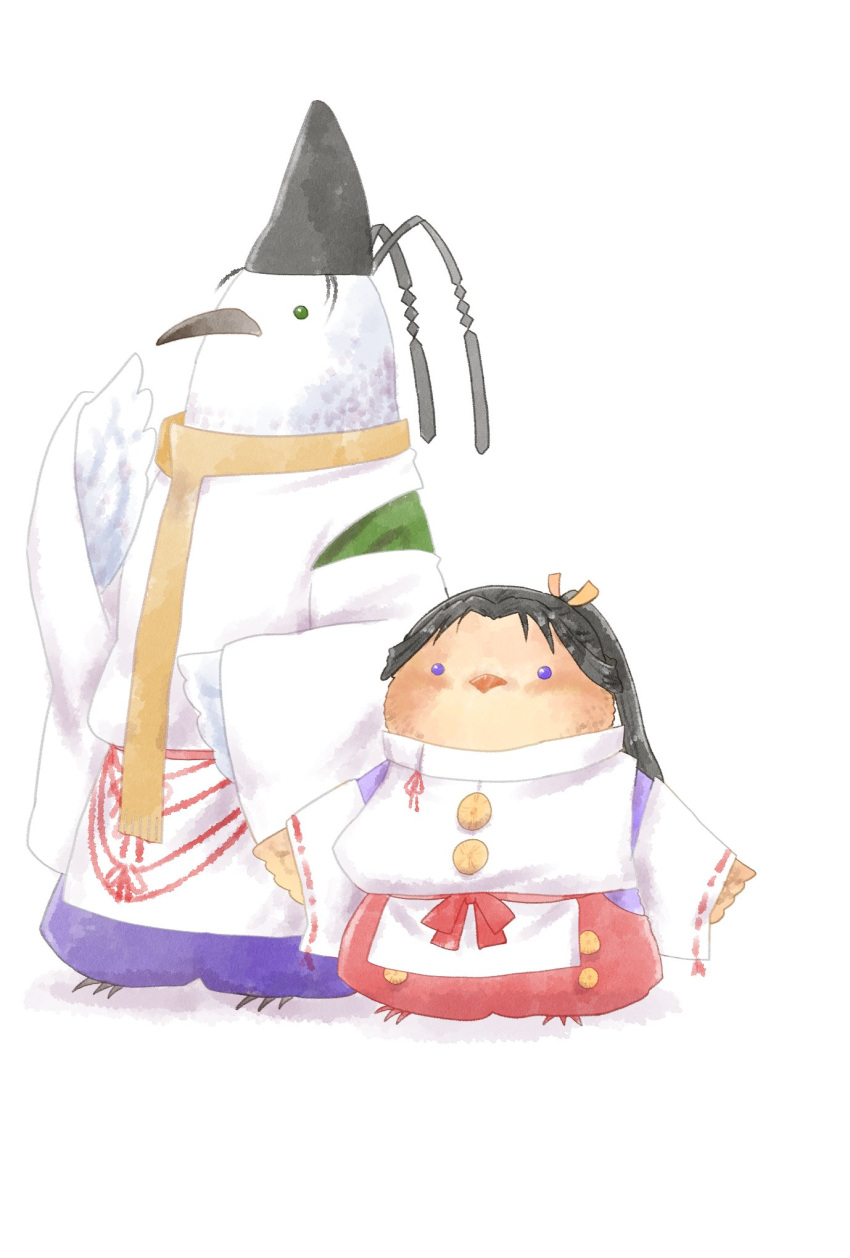 2boys, animalization, bird, black_hair, curtained_hair, full_body, green_eyes, hakama