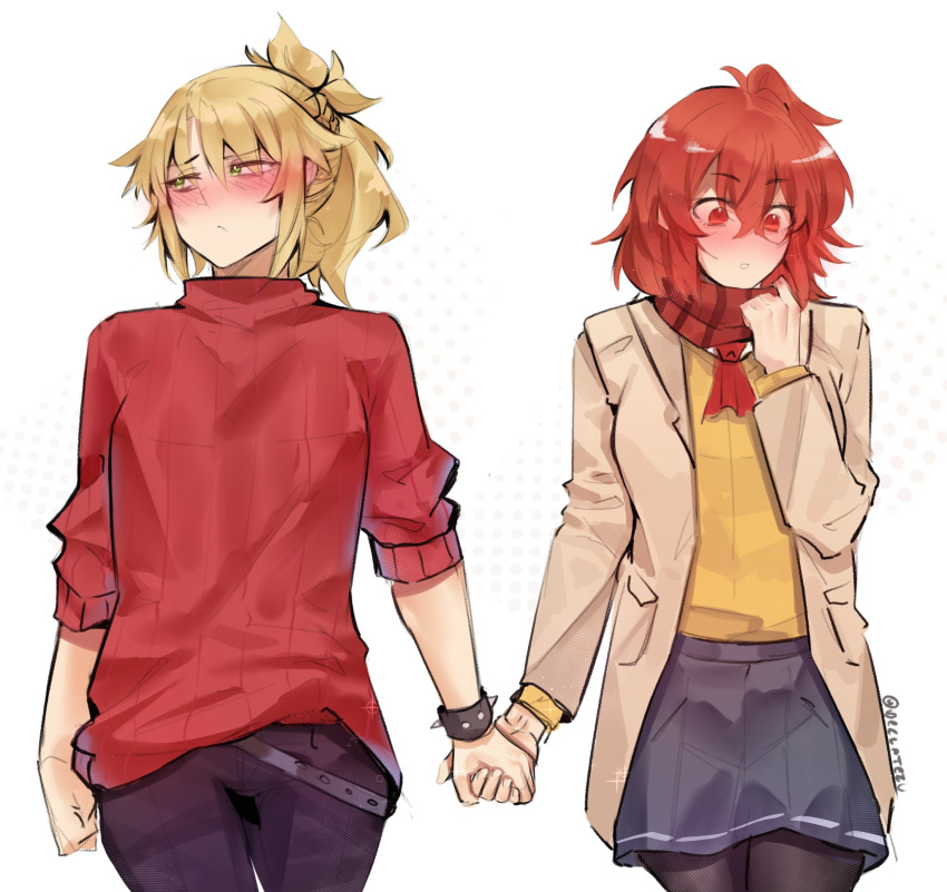 2girls, ahoge, alternate_costume, artist_name, belt, black_pants, black_thighhighs, blonde_hair