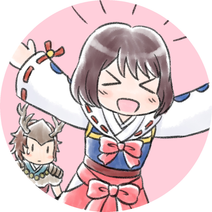 >_<, 1boy, 1girl, :d, blush, bow, bowtie, brown_hair, cowboy_shot, deformed, fake_antlers, hakama, highres, japanese_clothes, looking_at_another, pink_background, red_bow, red_bowtie, red_hakama, round_image, sailor_collar, saran_chiba, sengoku_basara, short_hair, simple_background, smile, sweatdrop, tsuruhime_(sengoku_basara), white_sailor_collar, wide_sleeves, yamanaka_shikanosuke_(sengoku_basara)