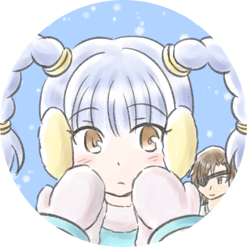 1boy, 1girl, blue_background, blue_hair, blush, braid, brown_eyes, date_masamune_(sengoku_basara), earmuffs, frown, hetero, highres, itsuki_(sengoku_basara), looking_at_another, looking_to_the_side, mittens, portrait, round_image, saran_chiba, sengoku_basara, twin_braids