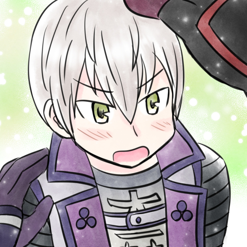3boys, armor, blush, embarrassed, green_background, green_eyes, hair_between_eyes, hand_on_another's_shoulder