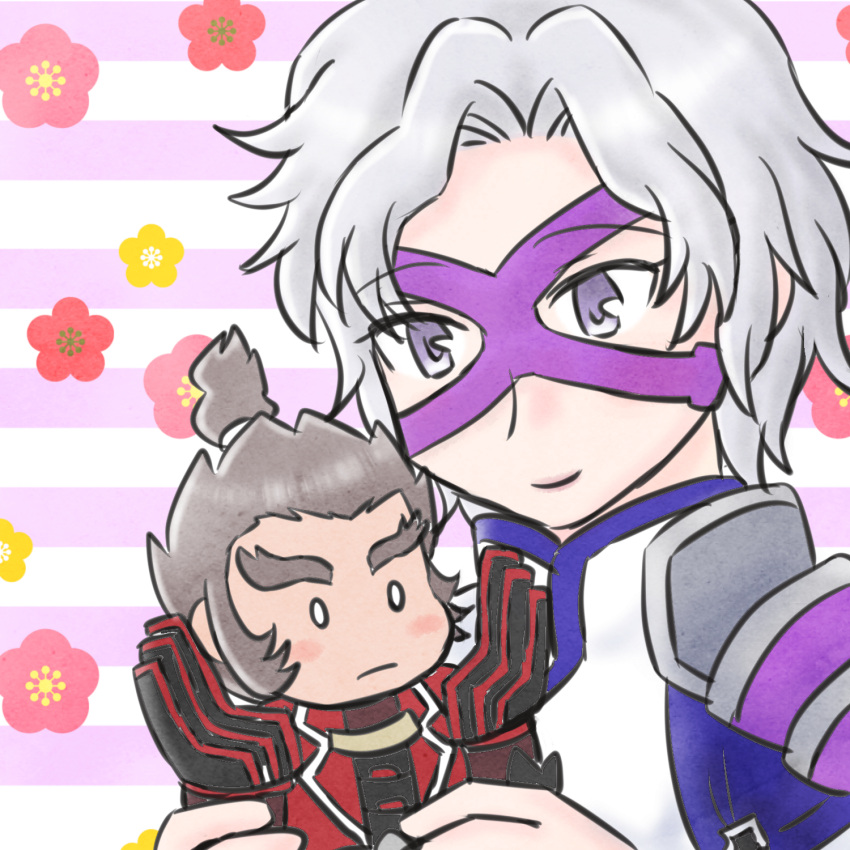 1boy, brown_hair, character_doll, doll, eye_mask, grey_hair, highres, holding