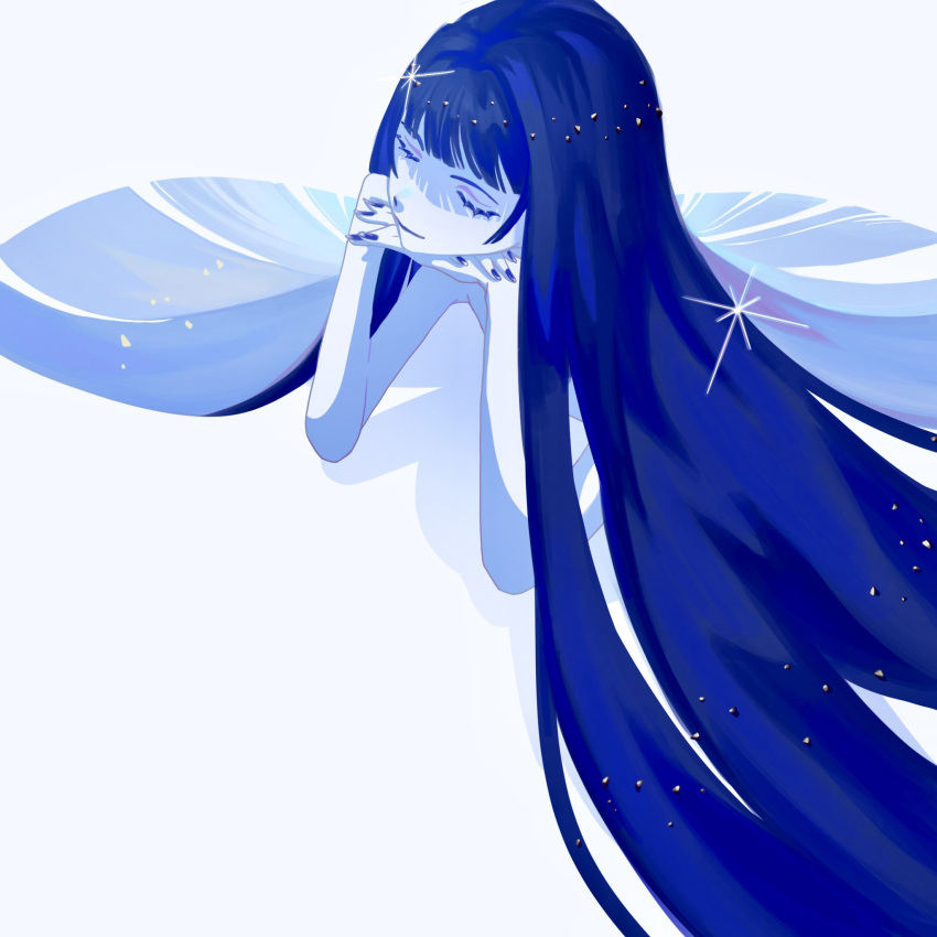 1other, arm_support, blue_hair, blue_nails, closed_eyes, commentary, eyelashes, highres, houseki_no_kuni, lapis_lazuli_(houseki_no_kuni), long_hair, nail_polish, other_focus, solo, sparkle, tri_angle7, very_long_hair, white_background