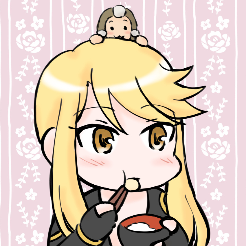 1girl, :t, animal_on_head, black_bodysuit, blonde_hair, blush, bodysuit, bowl