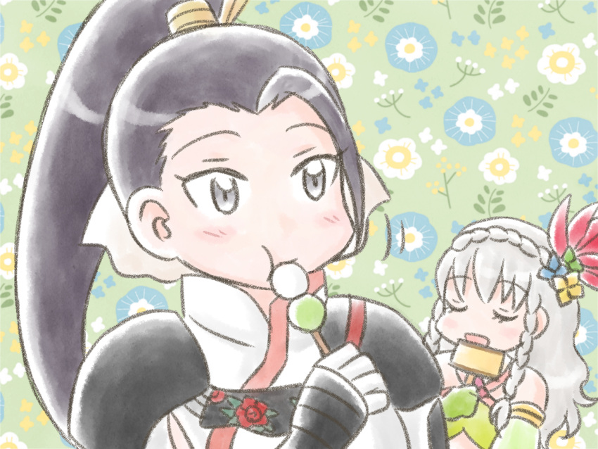 2girls, :d, :t, black_hair, blonde_hair, blush, braid, closed_eyes