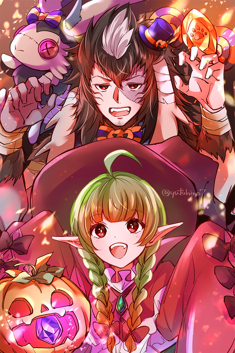 1boy, 1girl, ahoge, bandaged_ear, bandaged_wrist, bandages, black_bow, bow, brown_hair, button_eyes, buttons, candy, claw_pose, commentary_request, dragonstone, facial_hair, fangs, fire_emblem, fire_emblem_awakening, fire_emblem_heroes, food, gem, goatee_stubble, green_gemstone, green_hair, halloween_costume, hands_up, hat, highres, lollipop, mini_hat, multicolored_hair, nah_(fire_emblem), nah_(halloween)_(fire_emblem), official_alternate_costume, pointy_ears, pumpkin, purple_hat, red_eyes, sleeves_past_fingers, sleeves_past_wrists, stitched_face, stitches, stubble, stuffed_toy, twitter_username, two-tone_hair, white_hair, witch_hat, yarne_(fire_emblem), yarne_(halloween)_(fire_emblem), yutohiroya