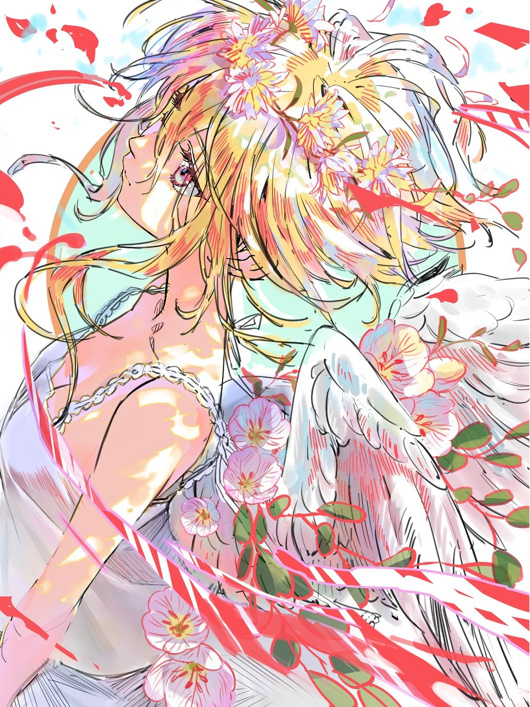 1girl, angel, bird, dress, feathered_wings, flower, from_above, gown
