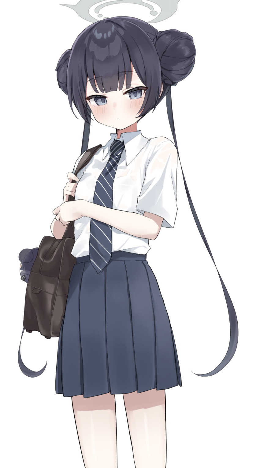 1girl, bag, black_hair, black_necktie, black_skirt, blue_archive, blunt_bangs, braid