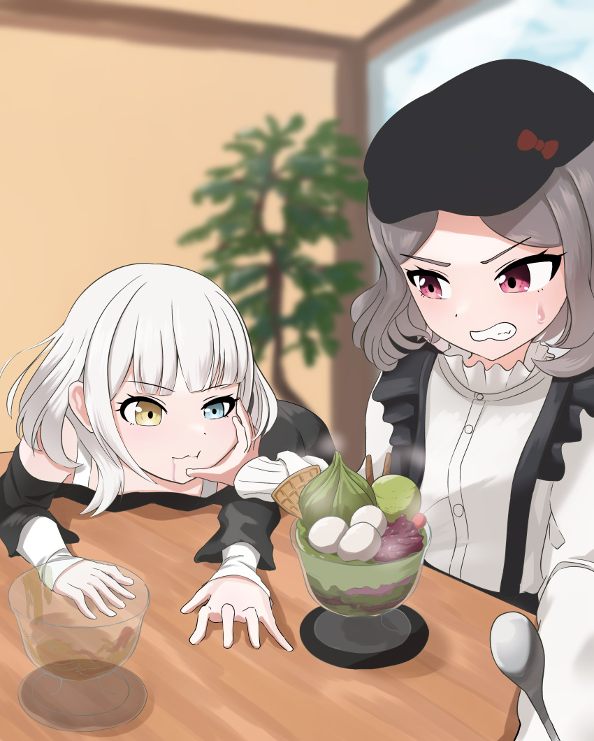 2girls, absurdres, bang_dream!, bang_dream!_it's_mygo!!!!!, black_hat, black_shirt, blue_eyes, brown_hair