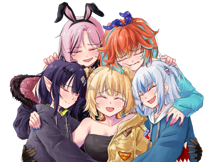 5girls, absurdres, animal_ear_hairband, animal_ears, animal_hood, black_tube_top, blonde_hair, blue_hair, blue_hoodie, breasts, closed_eyes, crying, fake_animal_ears, gawr_gura, gawr_gura_(1st_costume), grey_hair, grey_hood, hair_ornament, hairband, highres, hololive, hololive_english, holomyth, hood, hoodie, hug, jumpsuit, large_breasts, long_hair, mole, mole_on_breast, mori_calliope, mori_calliope_(9th_costume), multicolored_hair, multiple_girls, ninomae_ina'nis, ninomae_ina'nis_(loungewear), official_alternate_costume, official_alternate_hair_length, official_alternate_hairstyle, open_jumpsuit, open_mouth, orange_hair, pink_hair, pointy_ears, purple_hair, rabbit_ear_hairband, rabbit_ears, shark_girl, shark_hair_ornament, shark_hood, shark_print, short_hair, simple_background, smile, spacesuit, strapless, suit, takanashi_kiara, takanashi_kiara_(fever_night), transparent_background, tube_top, virtual_youtuber, vo_(sheerra212), watson_amelia, watson_amelia_(astronaut), yellow_jumpsuit, yellow_suit