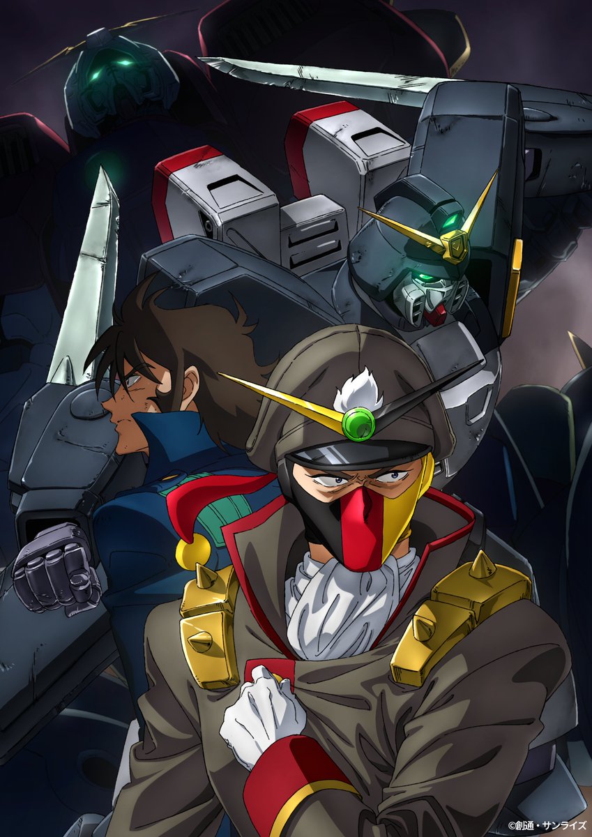 2boys, armor, brown_hair, closed_eyes, devil_gundam, g_gundam, gloves, glowing