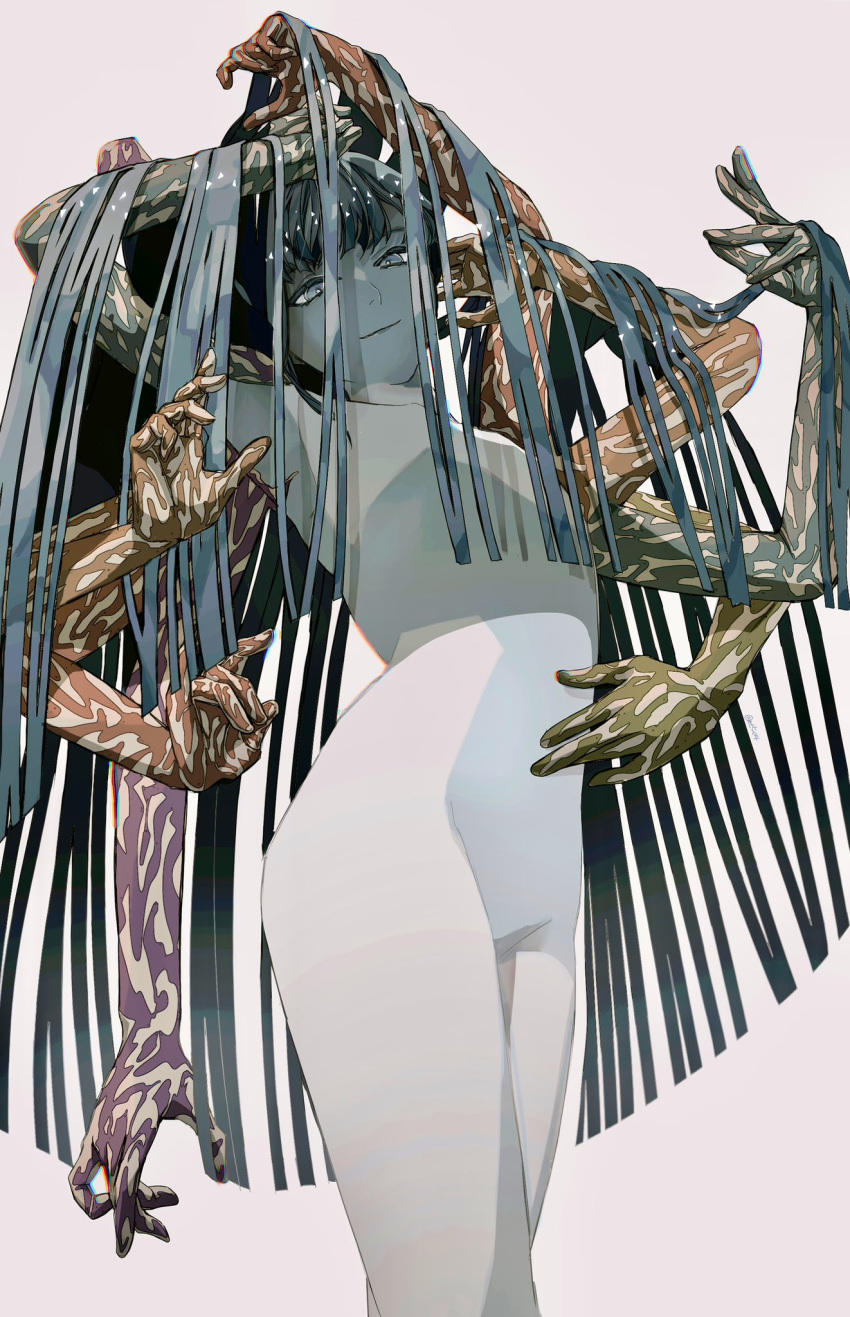 1other, commentary, extra_arms, from_below, gold, grey_background, highres, houseki_no_kuni