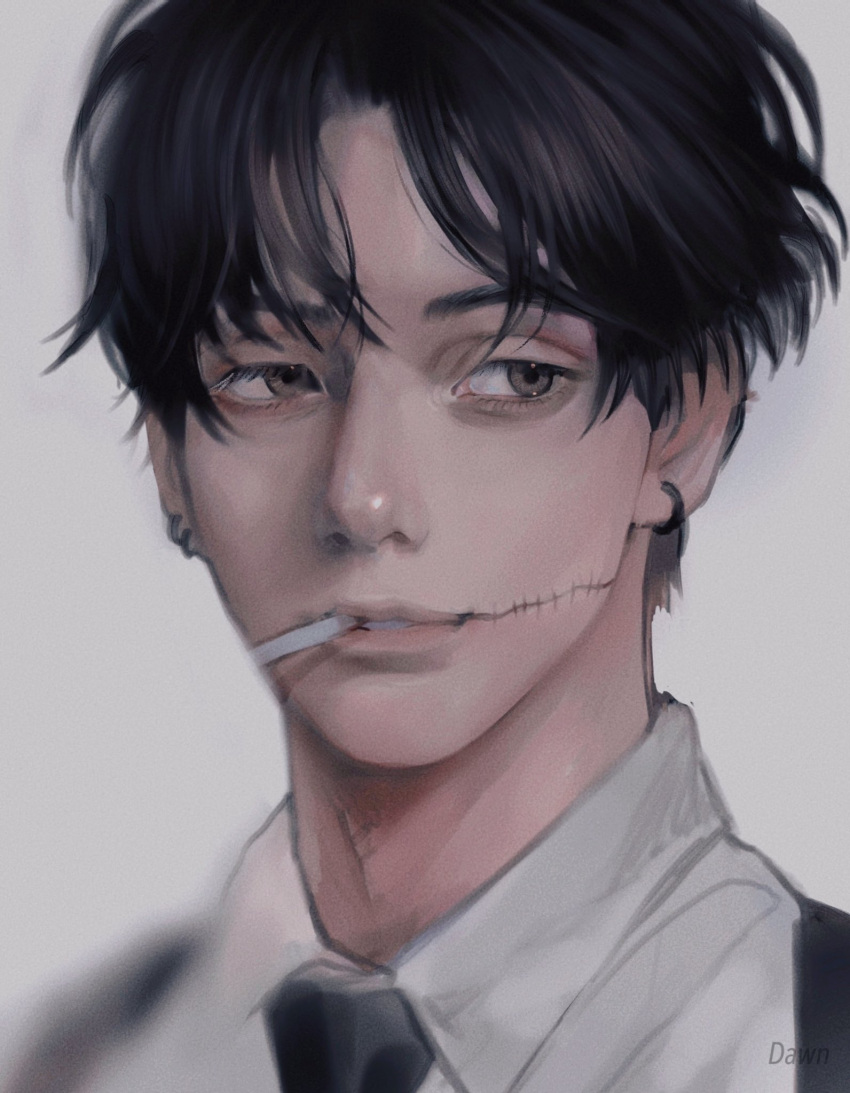 1boy, black_hair, black_necktie, blurry, brown_eyes, chainsaw_man, cigarette, collared_shirt, depth_of_field, ear_piercing, expressionless, formal, grey_background, highres, kishibe_(chainsaw_man), kishibe_(young)_(chainsaw_man), male_focus, multiple_piercings, necktie, parted_bangs, parted_lips, piercing, portrait, shirt, short_hair, sideways_glance, simple_background, solo, stitched_mouth, stitches, white_shirt, wind, yoon_nov