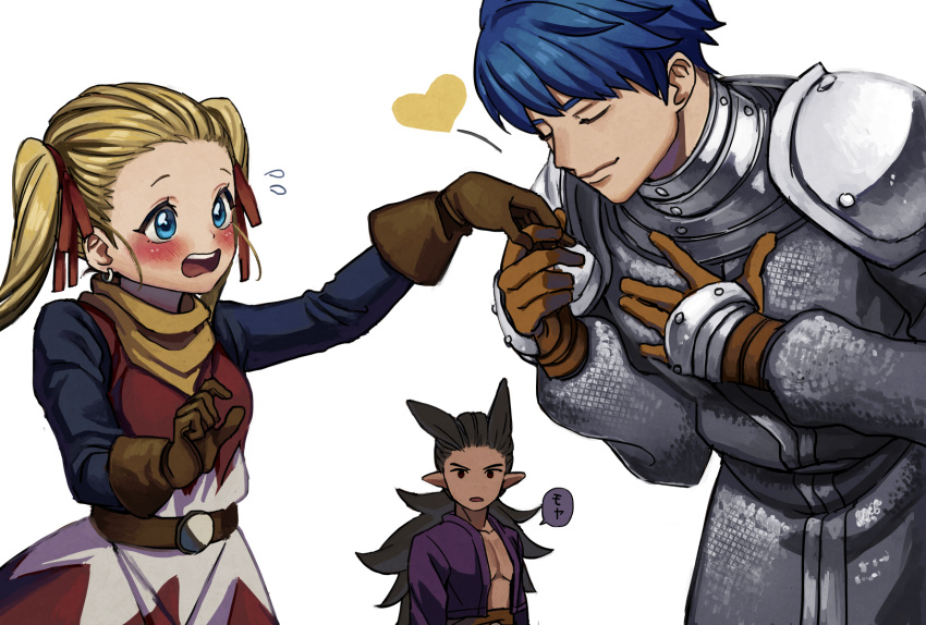 1girl, 2boys, antenna_hair, armor, blonde_hair, blue_eyes, blue_hair, blush