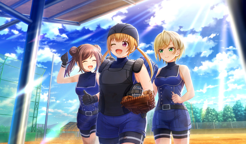 3girls, :d, ;d, ^_^, baseball_field, baseball_mitt, baseball_uniform, belt