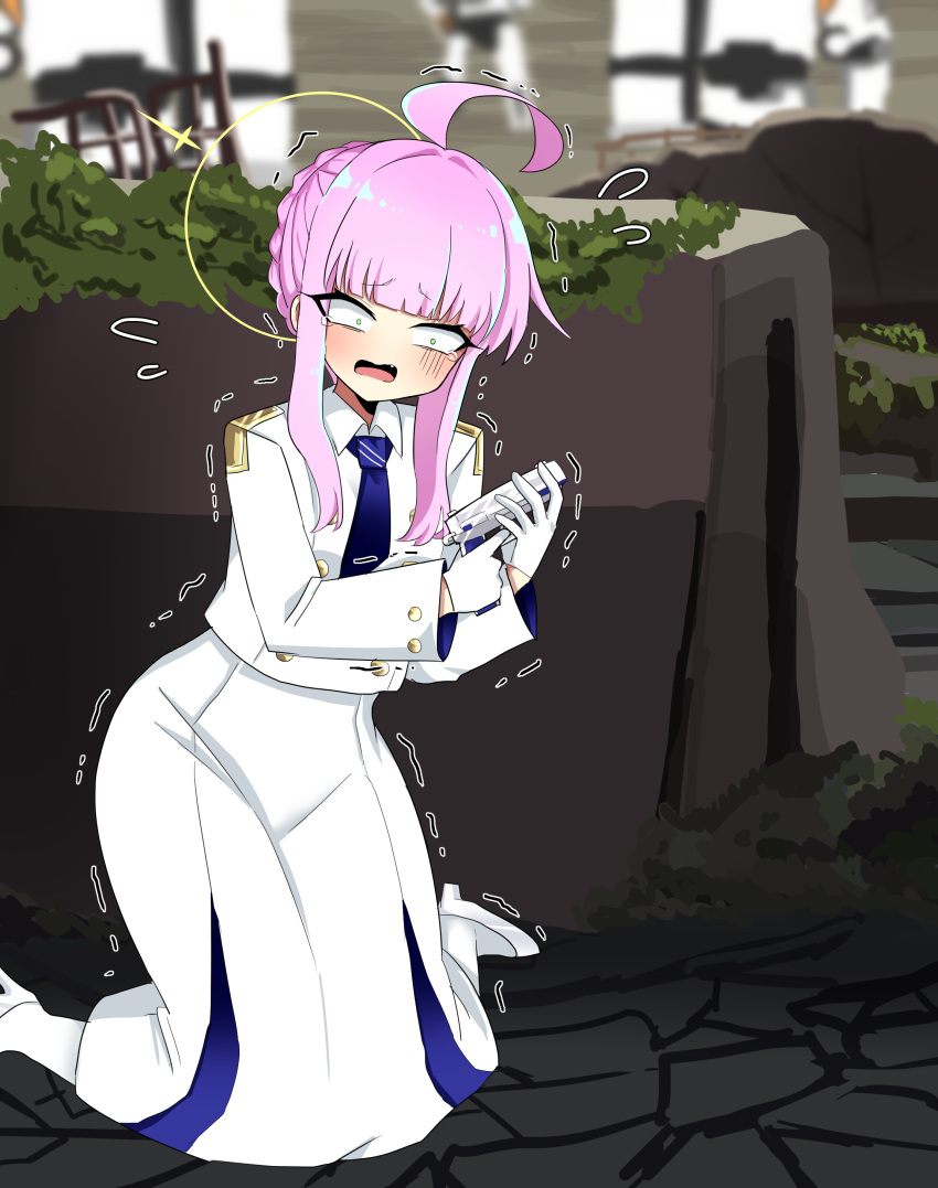 1girl, absurdres, ahoge, blue_archive, blue_necktie, blunt_bangs, braid, braided_bun