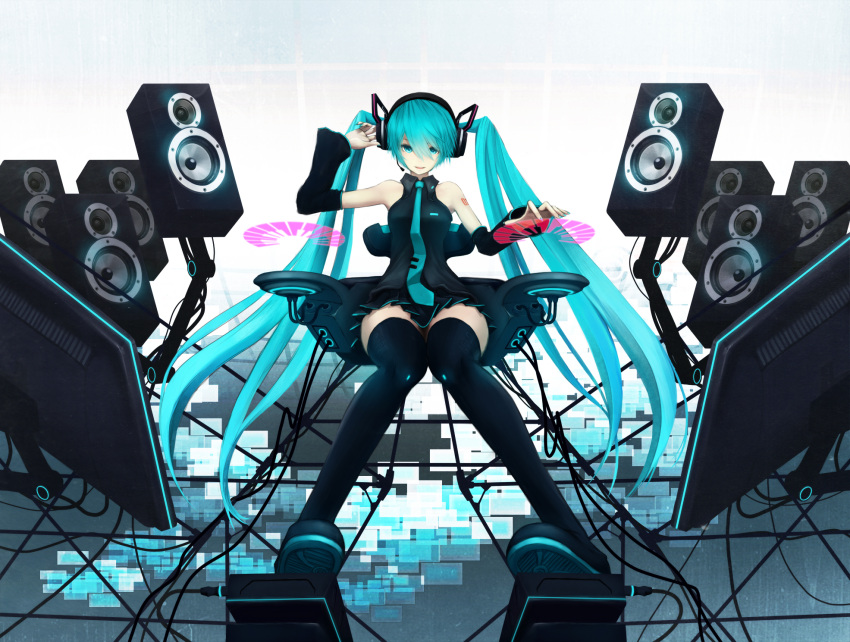 aqua_eyes, aqua_hair, bare_shoulders, black_legwear, boots, detached_sleeves, hand_on_headphones, hatsune_miku