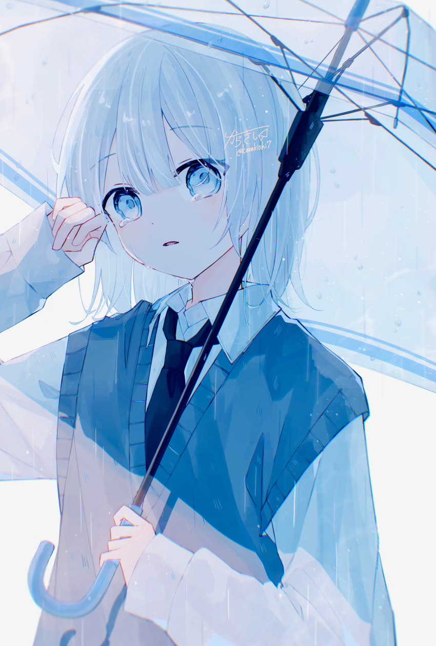 1girl, absurdres, black_necktie, blue_vest, clenched_hand, crying, crying_with_eyes_open, dot_nose