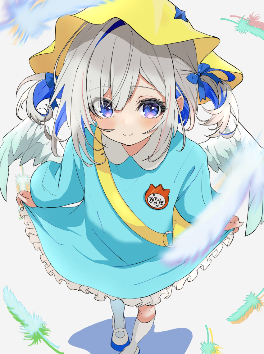 123haruno_oto, 1girl, alternate_costume, amane_kanata, angel_wings, blue_bow, blue_dress, blue_eyes