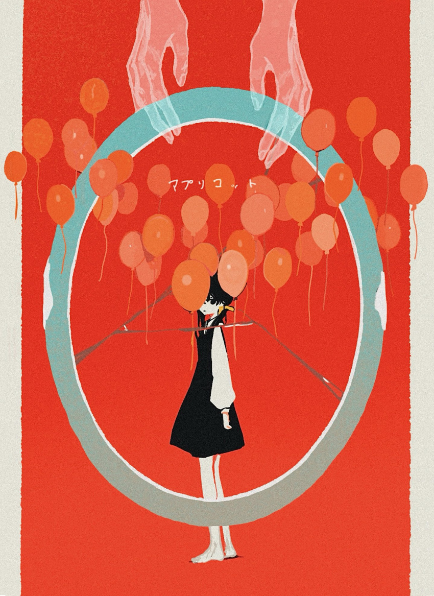 1girl, apricot_(character)_(iyowa), apricot_(vocaloid), balloon, black_eyes, black_hair, full_body, highres, iyowa_girls, long_hair, long_sleeves, looking_at_viewer, low_twintails, mitsubachi_(roundbee), one_eye_covered, red_background, shirt, simple_background, solo, standing, twintails, white_shirt