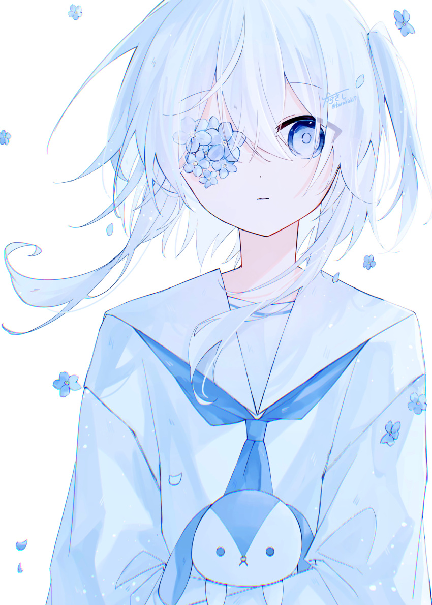 1girl, absurdres, blue_eyes, blue_flower, blue_neckerchief, closed_mouth, dot_nose, falling_flower