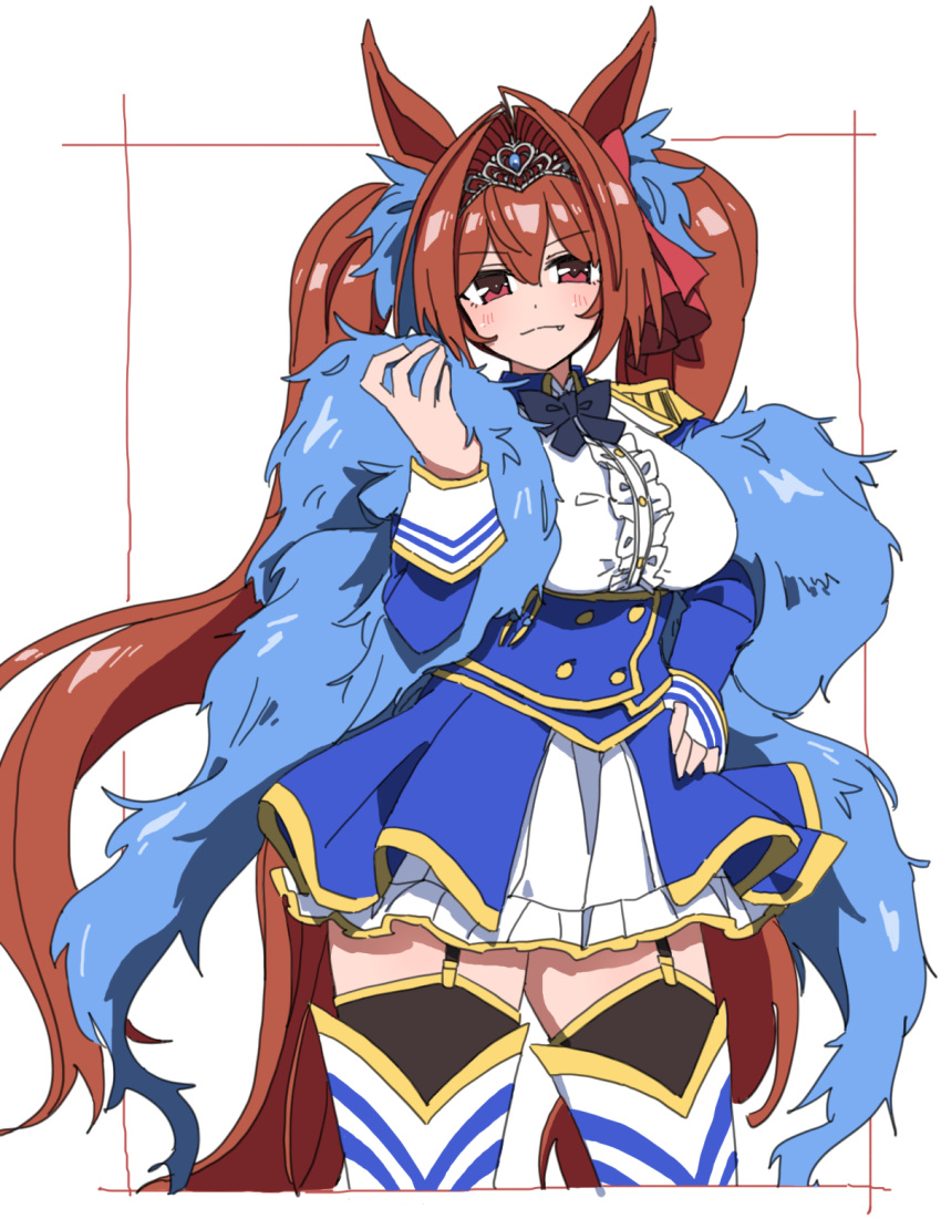 1girl, animal_ears, blue_dress, breasts, brown_hair, daiwa_scarlet_(umamusume), dress, durindana_7, garter_straps, hair_intakes, highres, horse_ears, horse_girl, looking_at_viewer, smile, solo, tiara, twintails, umamusume