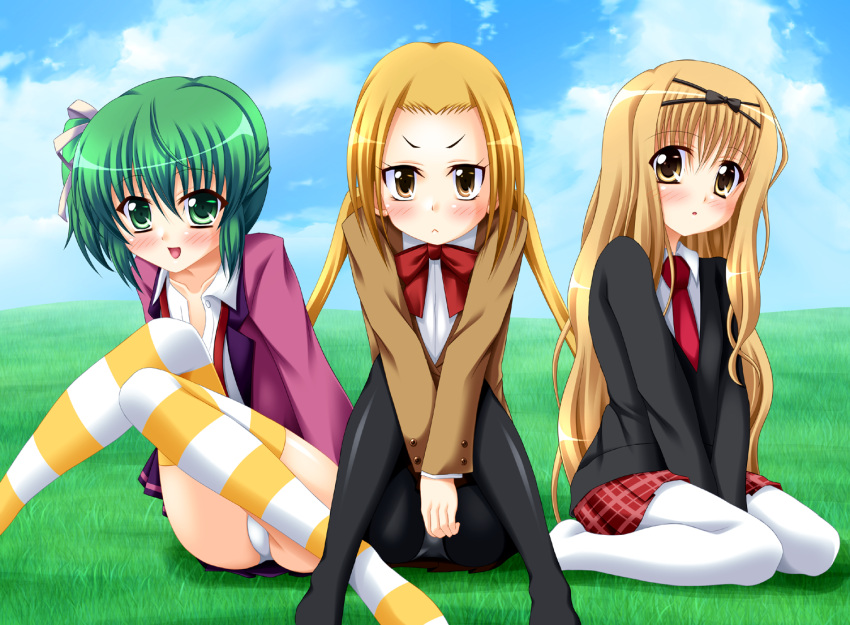 :<, bad_id, black_legwear, blonde, blonde_hair, blush, character_request, cloud