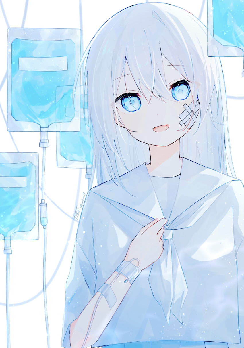 1girl, absurdres, blue_eyes, dot_nose, gauze, gauze_on_cheek, hair_between_eyes, hand_on_own_chest