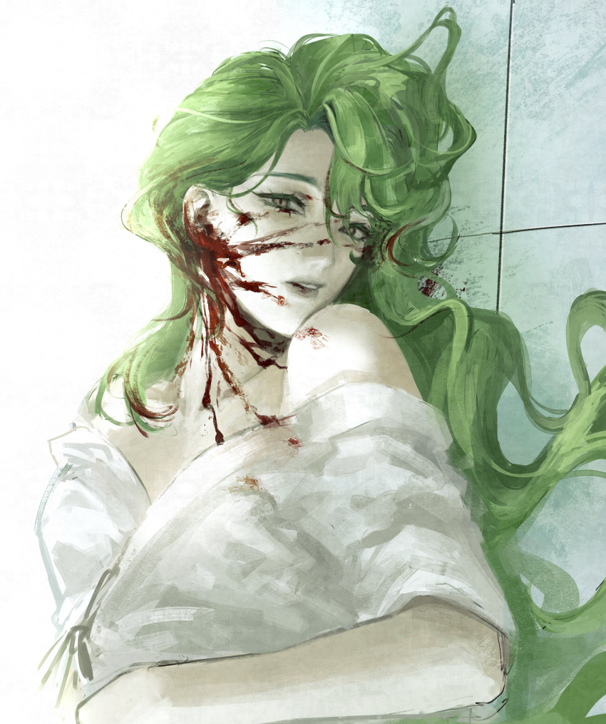 1girl, absurdres, blood, blood_on_face, blood_splatter, crysangria, dress, green_eyes
