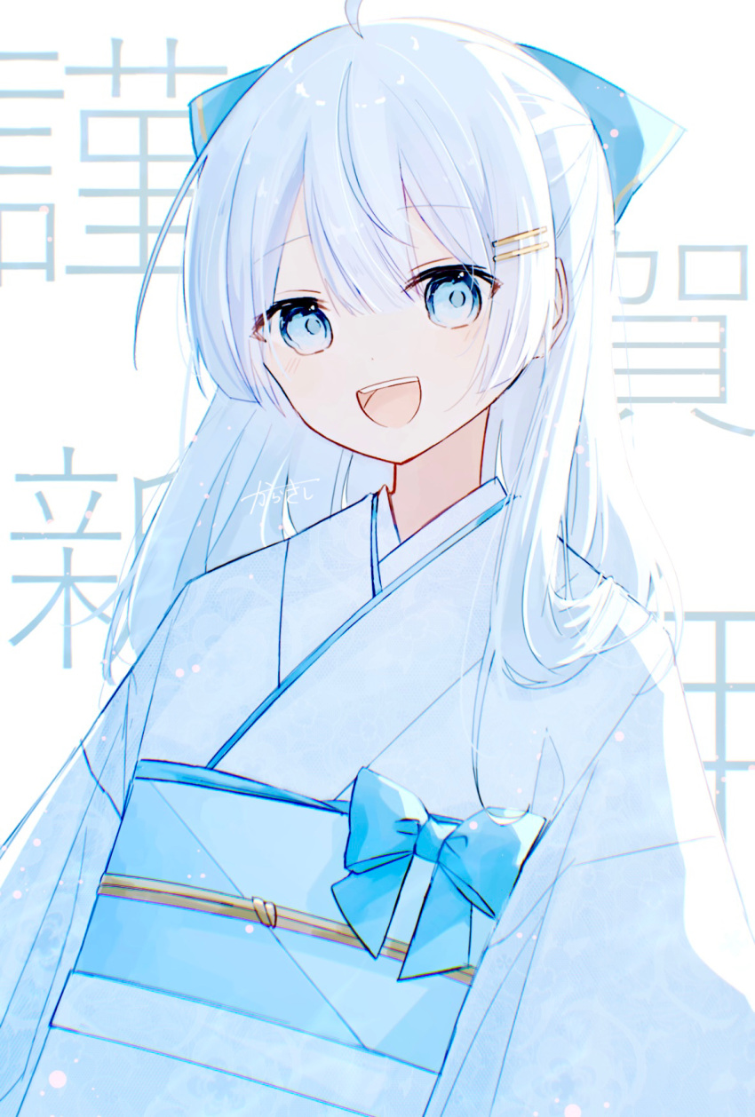 1girl, =_hair_ornament, aqua_bow, blue_eyes, bow, dot_nose, hair_between_eyes, hair_bow, hair_ornament, highres, japanese_clothes, karakishi7, kimono, long_hair, looking_at_viewer, obi, open_mouth, original, sash, signature, simple_background, smile, solo, teeth, upper_body, upper_teeth_only, white_background, white_hair, white_kimono