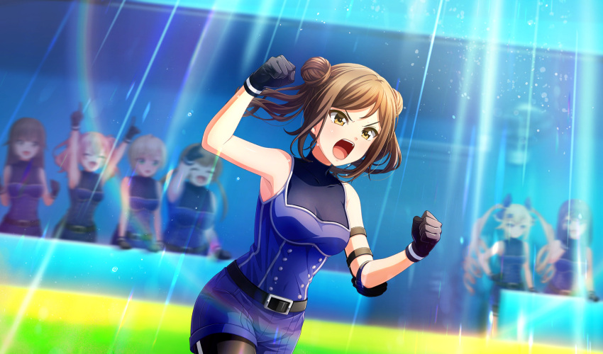 6+girls, :d, ^_^, arms_up, baseball_stadium, belt, belt_buckle, bike_shorts