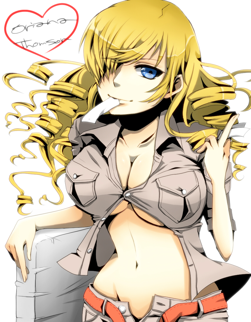 blonde_hair, blue_eyes, breasts, character_name, cleavage, collarbone, drill_hair, hair_over_one_eye
